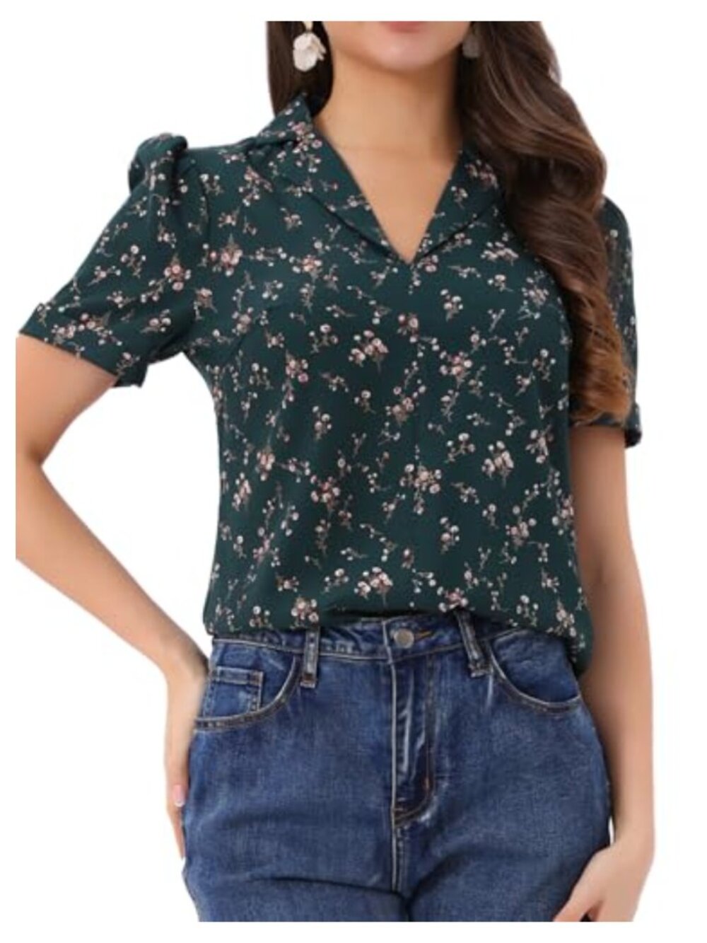 Floral V Neck Short Sleeve Blouse Notch Lapel Folding Cuff Polyester Women Top